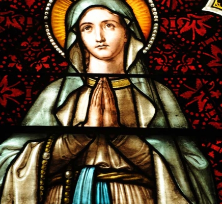 Caldwell Hall Stained Glass detail of Mary